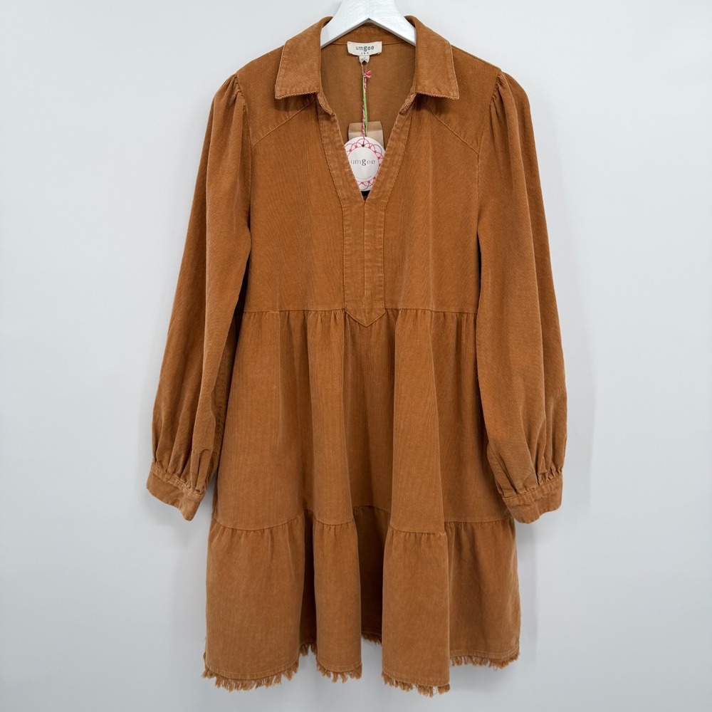 Umgee Dress Medium Brown Corduroy Tiered Western Prairie Coastal Cowgirl NWT